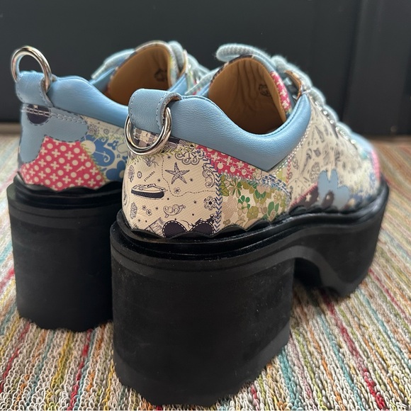 Fluevog NEW WO BOX Skyhigh F Fizzy blue/flowery leather platform lace-up shoe 10 - Picture 4 of 16